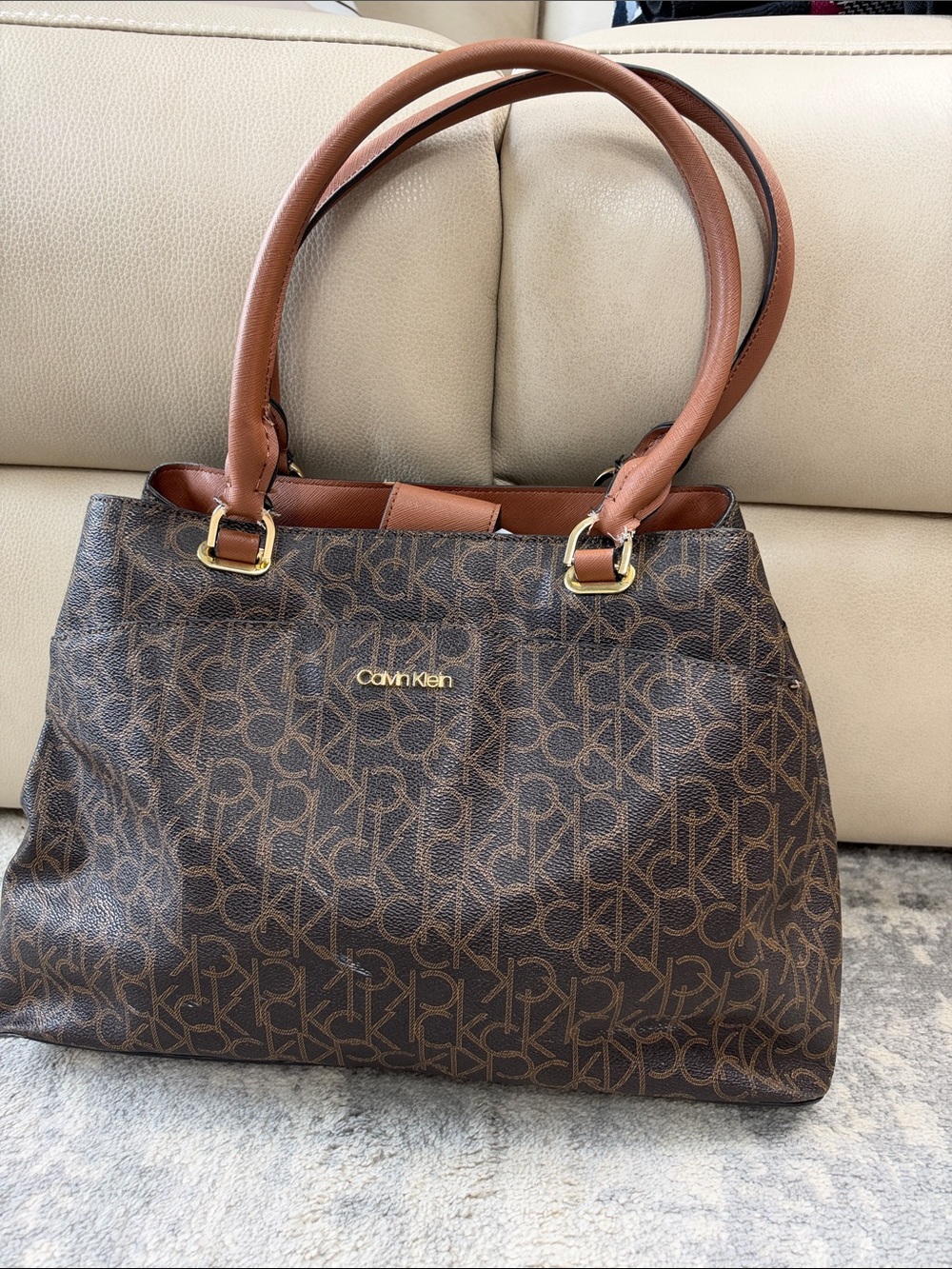 Calvin Klein Monogram Tote Bag Coated Canvas Faux Leather Brown